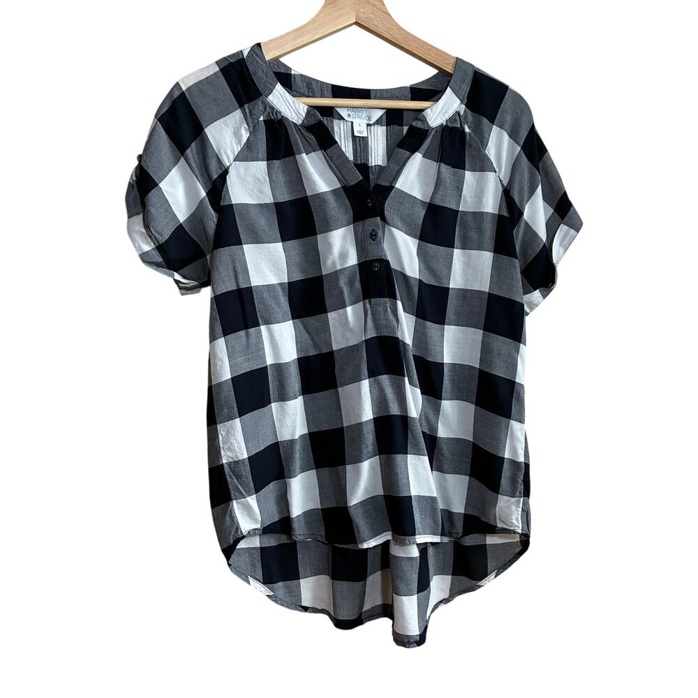 Market & Spruce stitchfix navy white cowgirl short sleeved checkered women's S